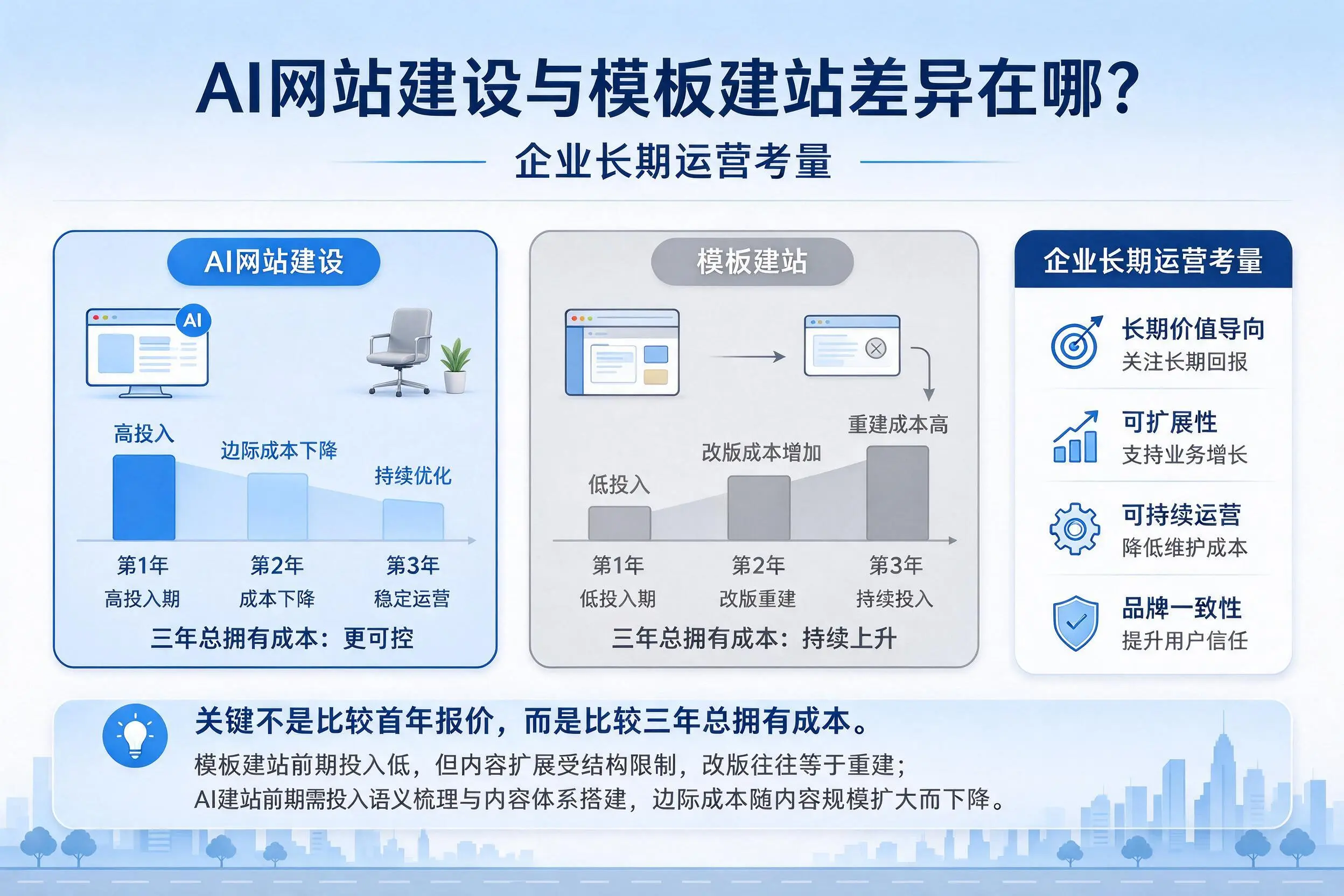 AI网站建设与模板建站差异在哪？漳州企业长期运营考量
